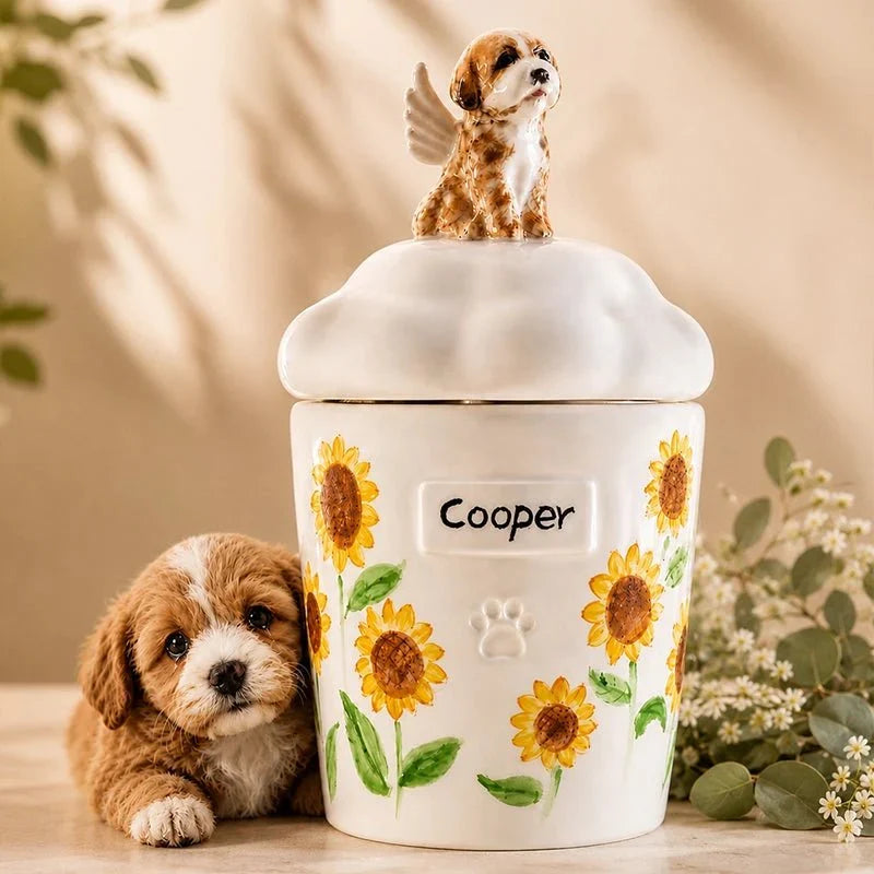 Hand-painted ceramic memorial urn created from a pet photograph